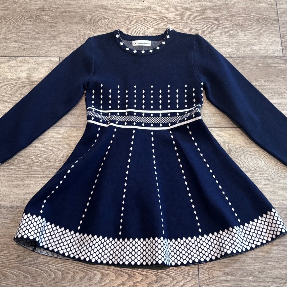 Smiling Pinker Sweater Dress Girls 170 Navy Blue‎ Geometric Knit Skater Holiday